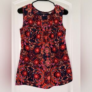 Retro Floral Sleeveless Blouse Navy Pink Orange Keyhole Top Size S